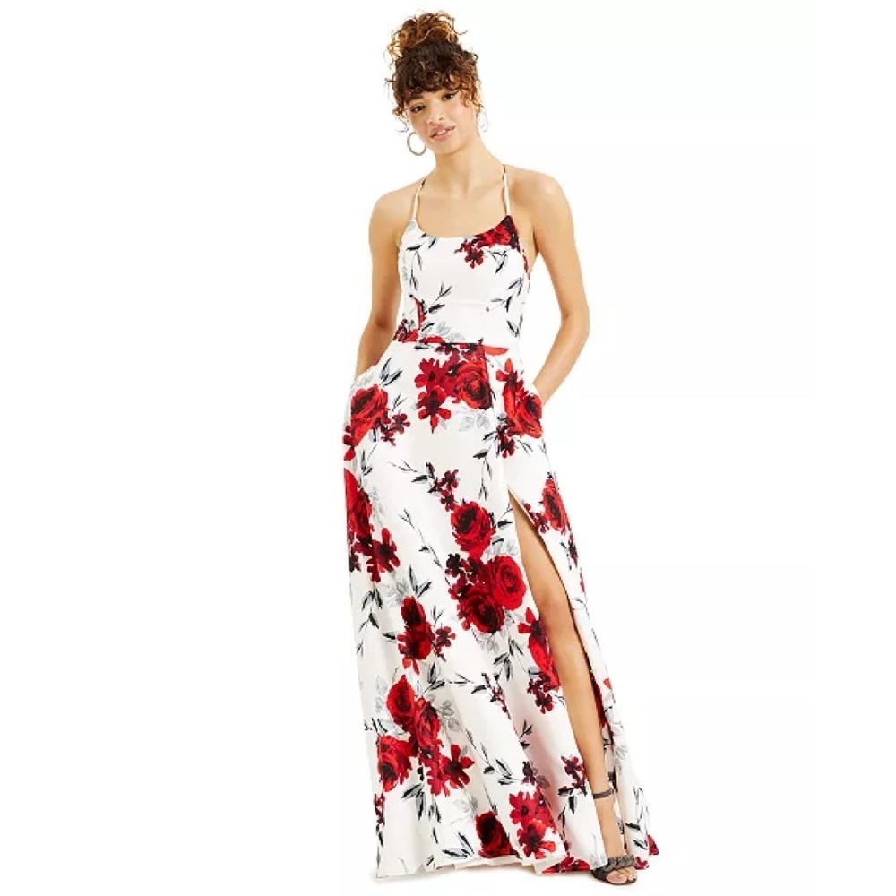 Speechless Lace-Up-Back Floral-Print Ball Gown - Picture 1 of 3